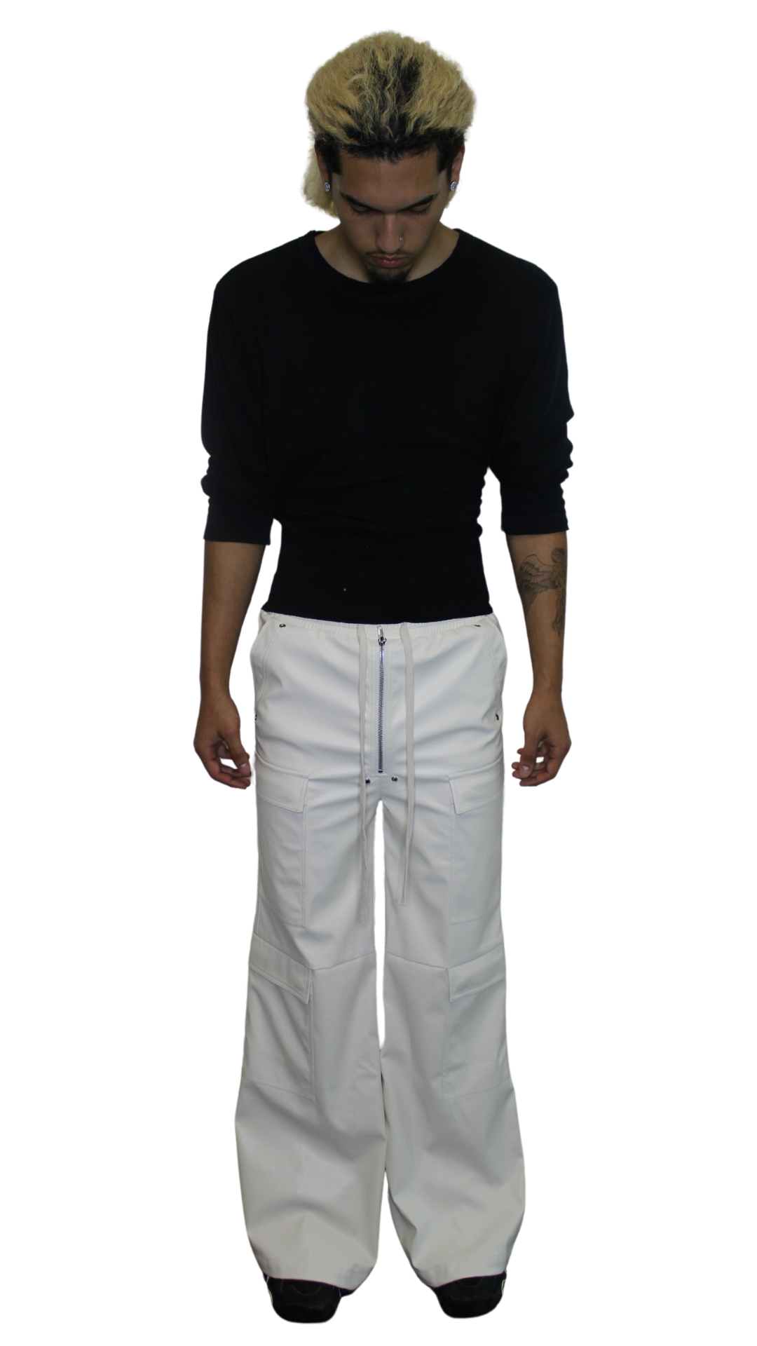 "POLAR" WHITE FAUX LEATHER CARGO SWEATS