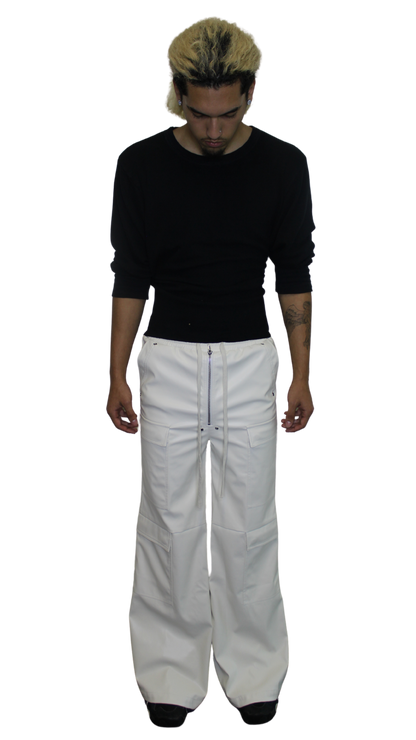 "POLAR" WHITE FAUX LEATHER CARGO SWEATS